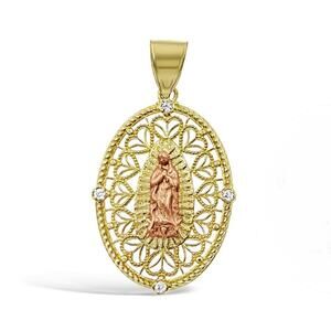 14K Yellow Rose Gold Virgin Mary Lady Guadalupe Oval Pendant CZ Accents